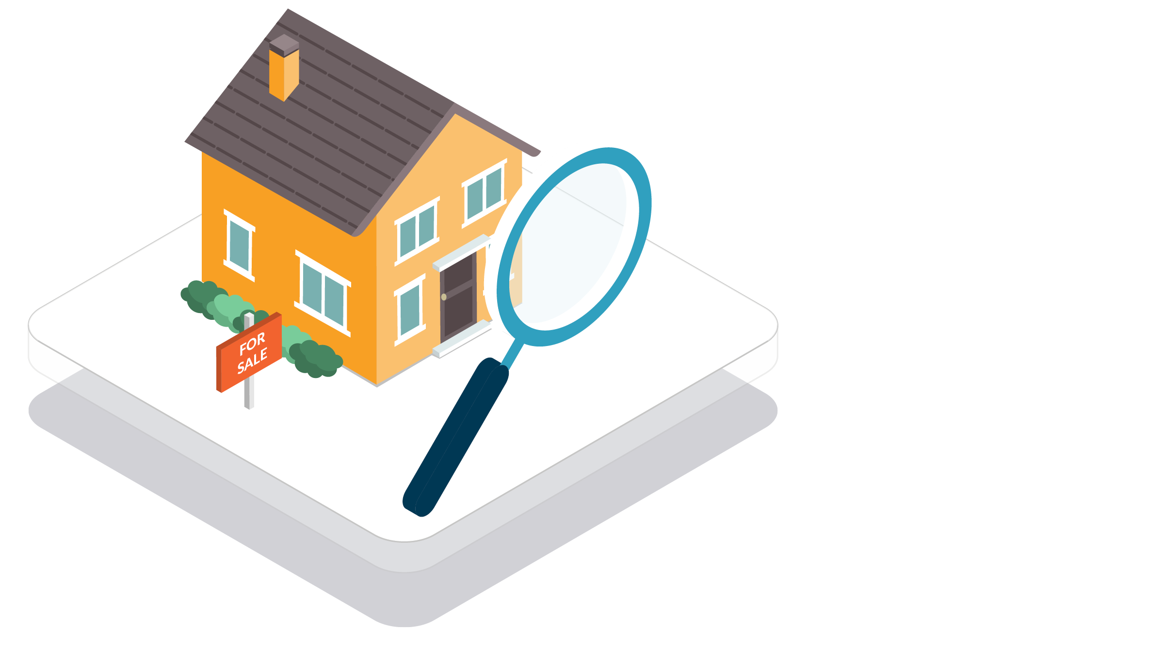 illustration of yellow house with 'for sale' sign and magnifying glass over it